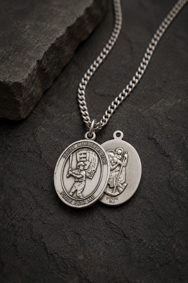 Collar de medalla de béisbol de plata de ley de San Cristóbal mediana | Colgante de 1 x 3/4" | Cadena de 24" | Hecho en EE. UU. por Bliss