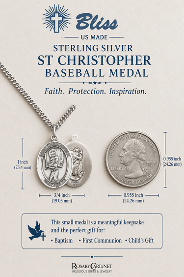 Collar de medalla de béisbol de plata de ley de San Cristóbal mediana | Colgante de 1 x 3/4" | Cadena de 24" | Hecho en EE. UU. por Bliss