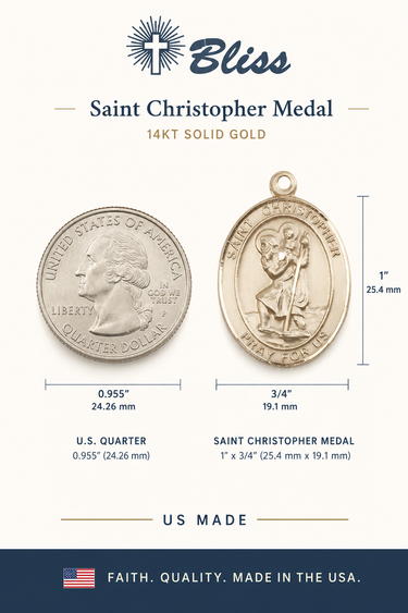 Saint Christopher Medal comparison with U.S. Quarter on a white background, featuring Bliss brand.