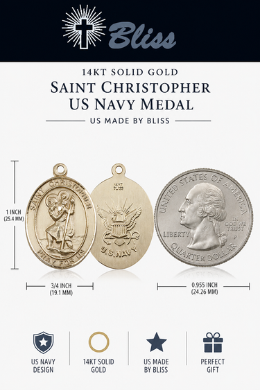 14kt Solid Gold Medium St. Christopher Medal Pendant | 1" x 3/4" | US Navy