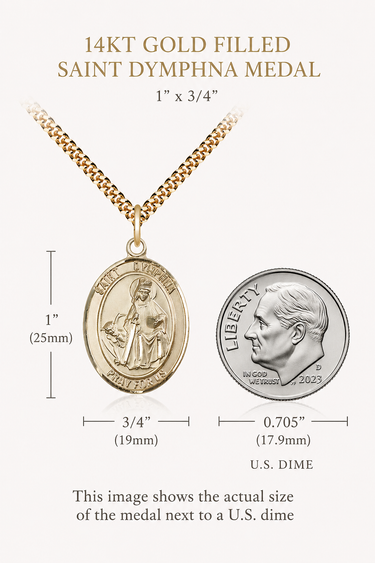 14kt gold-filled Saint Dymphina medal with size comparison to a U.S. dime on a white background.