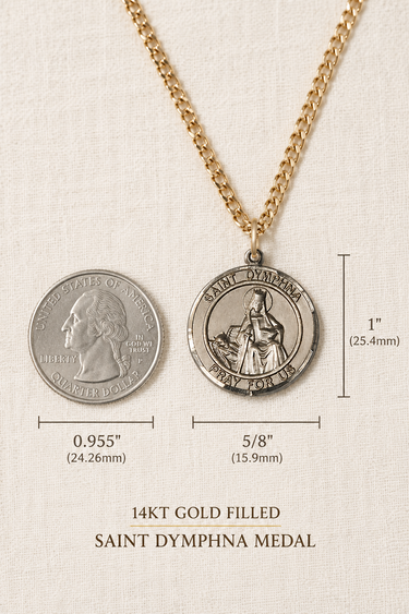 Saint Dymphina Gold Filled medal necklace with gold plated  chain on a textured beige background