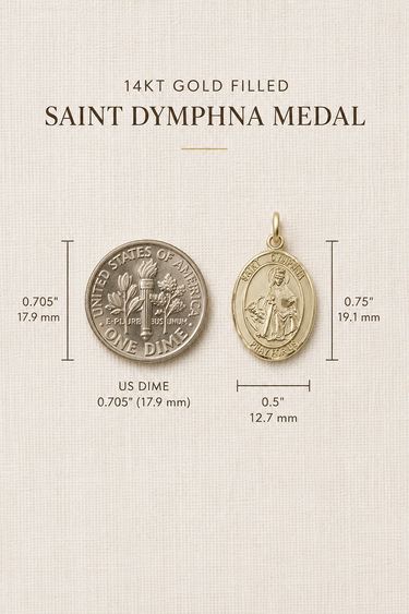 14KT Gold Filled Saint Dymphna medal and US dime comparison on a beige background