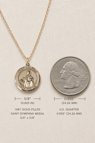 Gold Filled Saint Dymphna medal necklace with size and quarter coin comparison on a beige background