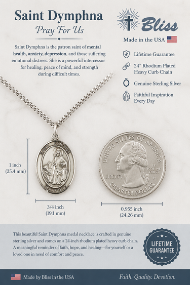 Saint Dymphna Sterling Silver necklace with detailed specifications and branding on a gray background