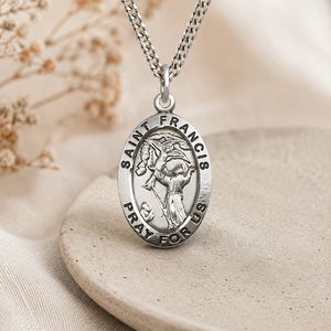 Sterling Silver Medium St. Francis of Assisi Patron Saint Medal Necklace | 1