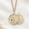 St. Michael the Archangel double-sided gold filled medal — front shows St. Michael defeating dragon, reverse shows Guardian Angel with inscription "Angel Be My Guide" — Bliss Manufacturing USA, gold curb chain
