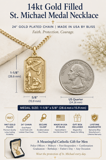 14kt gold filled St. Michael medal necklace shown beside a U.S. quarter for size comparison. The men’s medal measures 1-1/8 by 5/8 inch and includes a 24-inch gold-plated curb chain with lobster claw clasp. Made in the USA by Bliss, gift boxed, with lifetime manufacturer warranty.
