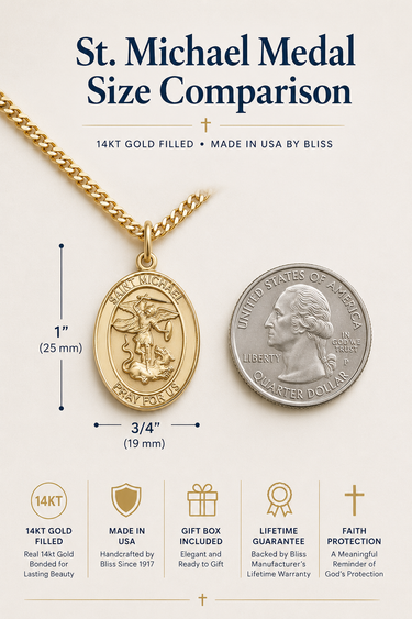 14kt Gold Filled St. Michael Archangel patron saint medal necklace shown beside a U.S. quarter for size comparison. Medium 1 x 3/4 inch oval medal on a 24-inch gold-plated chain with lobster claw clasp. Made in the USA by Bliss Manufacturing with lifetime guarantee and gift box included.
