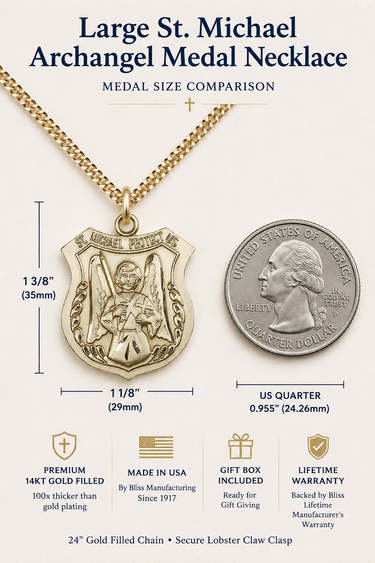 Large 14kt gold filled St. Michael Archangel medal necklace shown beside a U.S. quarter for size comparison. Medal measures 1-3/8 x 1-1/8 inches (35 x 29 mm) and hangs from a 24-inch gold filled curb chain with lobster claw clasp. Handmade in the USA by Bliss Manufacturing with lifetime warranty and gift box included.
