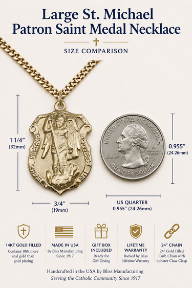 Large 14kt Gold Filled St. Michael Patron Saint Medal Necklace size comparison with a U.S. quarter showing the 1 1/4 x 3/4 inch (32 x 19 mm) medal on a 24-inch gold-plated curb chain. Handcrafted in the USA by Bliss Manufacturing with lifetime warranty and gift box included.