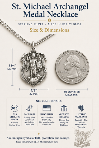 Sterling Silver St. Michael Archangel patron saint medal necklace shown beside a U.S. quarter for size comparison. Large 1¼ x ⅞ inch .925 sterling silver medal on a 24-inch sterling silver curb chain with lobster claw clasp. Handcrafted in the USA by Bliss Manufacturing with gift box and lifetime warranty.