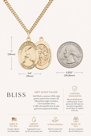 Collar de medalla de béisbol de oro de 14kt relleno San Sebastián mediano | Colgante de 1x3/4" | Cadena de 24" | Hecho en EE. UU. por Bliss