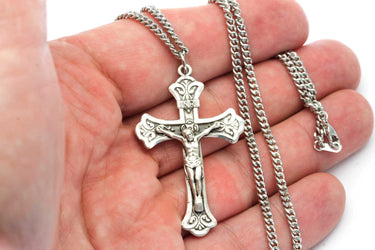 Sterling Silver Extra Large Catholic Crucifix Necklace | 1.875" x 1.125" Pendant | 24" Chain | USA Made by Bliss