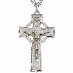 Collar con crucifijo celta grande de oro chapado/plata de ley de dos tonos | Colgante de 3,8 x 2,2 cm | Cadena de 61 cm | Hecho en EE. UU. por Bliss