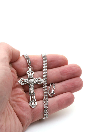 Sterling Silver Extra Large Catholic Crucifix Necklace | 1 7/8 x 1 1/8 | 24" Chain | USA Made by Bliss