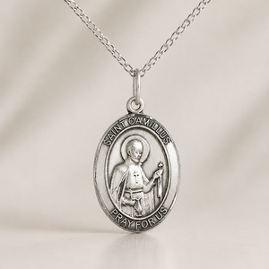 Sterling Silver Medium St. Camillus of Lellis Patron Saint Medal Necklace | 3/4