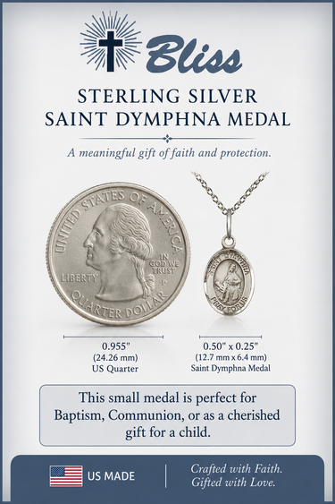 Sterling silver Saint Dymphna medal and US quarter on a Bliss branded card.