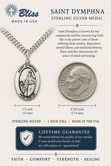 Saint Dymphna sterling silver medal with chain, product details, and Bliss brand information.