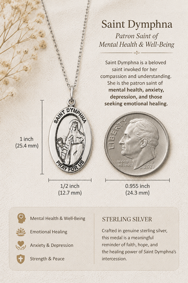 Sterling Silver Saint Dymphna pendant with measurements and description on a neutral background