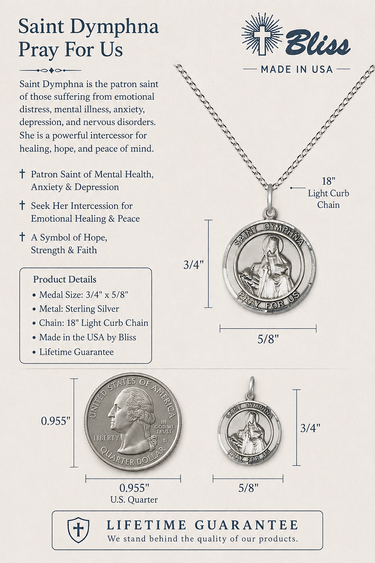Saint Dymphna pendant with chain, product details, and Bliss brand information on a white background.