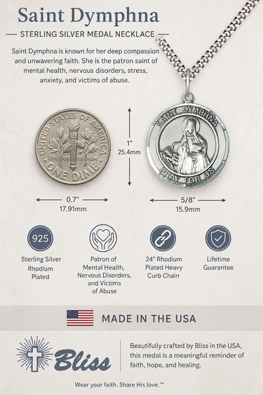 Saint Dymphna round sterling silver medal necklace with product details on a white background