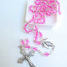 Pink thread glass bead Catholic rosary with 5mm beads, traditional crucifix and center medal, 18 inches