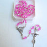 Pink thread glass bead Catholic rosary with 5mm beads, oxidized crucifix and center medal, 18 inches