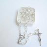 White thread glass bead Catholic rosary with 5mm beads, traditional crucifix and center, gift boxed for First Communion or Baptism