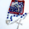 Blue Aurora Borealis Glass Catholic Rosary with 7mm iridescent beads and Mysteries medal Our Father bars by RosaryCard
