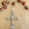 Red cloisonne Catholic rosary with 8mm glass beads silver heart center and crucifix 20 inch by RosaryCard