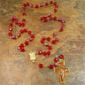 San Damiano red iridescent glass Catholic rosary with color San Damiano cross, 19 inch length, golden chain, imported from Italy, gift box