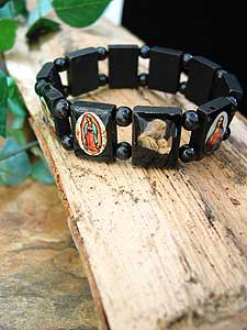 Black wood Catholic bracelet with vibrant color holy images, stretchable elastic religious jewelry