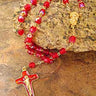 Red glass bead Catholic rosary with gold tone links and red enamel crucifix, 5mm beads, compact 17 inch length, gift box