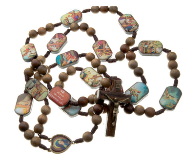 Stations of the Cross wall rosary with full color station images and wooden beads