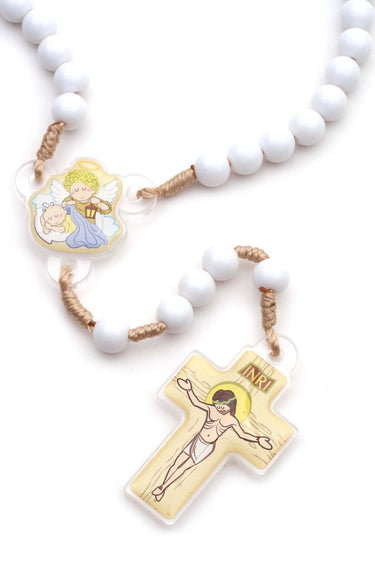 White Catholic child rosary beads on cord with acrylic crucifix and fabric storage pouch for girls