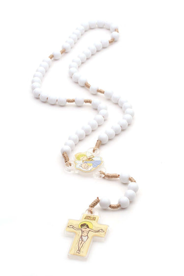 White Catholic child rosary beads on cord with acrylic crucifix and fabric storage pouch for girls