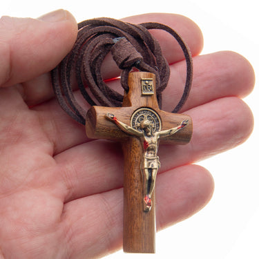 Mens brown wood cross necklace with black leather cord, 3 inch Brazilian wood crucifix with red painted wounds