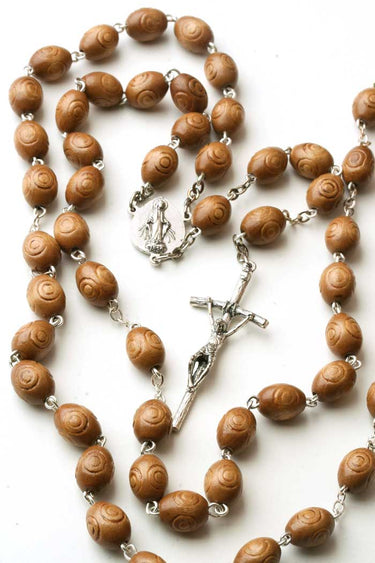 Carved Wood Bead Catholic Rosary | 10mm Beads | Traditional Five-Decade | Natural Finish