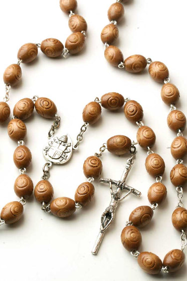 Carved Wood Bead Catholic Rosary | 10mm Beads | Traditional Five-Decade | Natural Finish