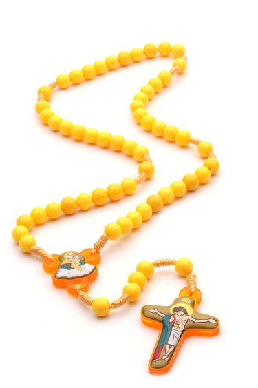 Yellow Child Catholic Rosary with 7mm beads on durable nylon cord, 15 inch length with acrylic crucifix and center medal