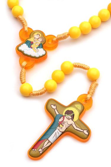 Yellow Child Catholic Rosary with 7mm beads on durable nylon cord, 15 inch length with acrylic crucifix and center medal